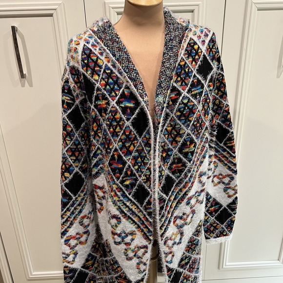 On Blue Fuzzy Hooded Cardigan‎ Sweater Funky Multi-Color Artsy - Picture 2 of 8